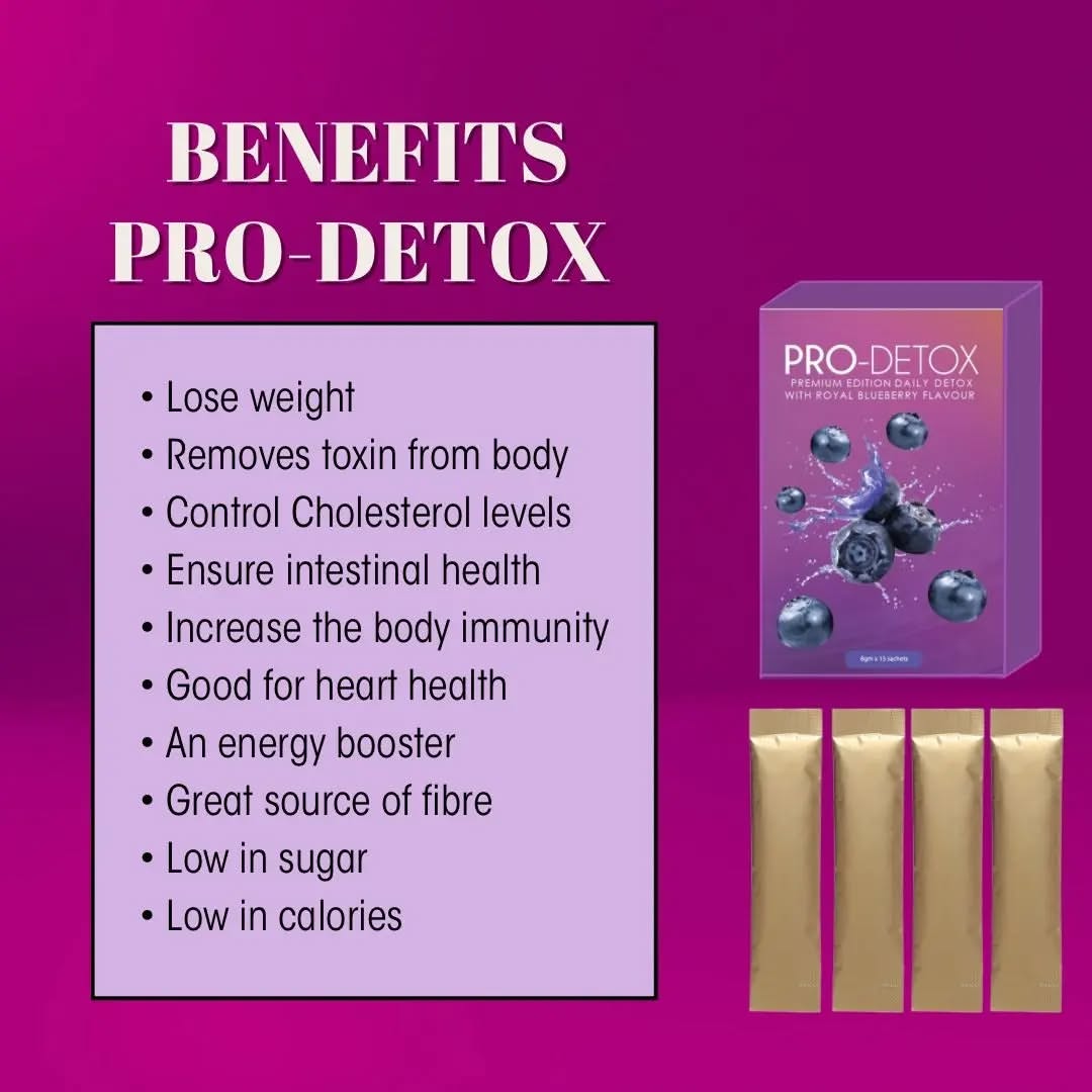 New Pro DETOX with royal blue berry flavor. Premium edition - 8gm x 15 sachet per box.