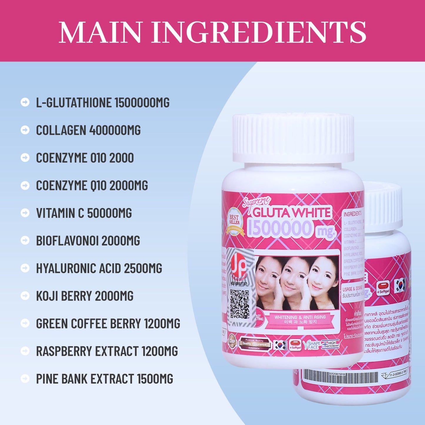 Supreme Gluta White 150000mg. Glutathione Skin Whitening, 30 Softgel Capsules
