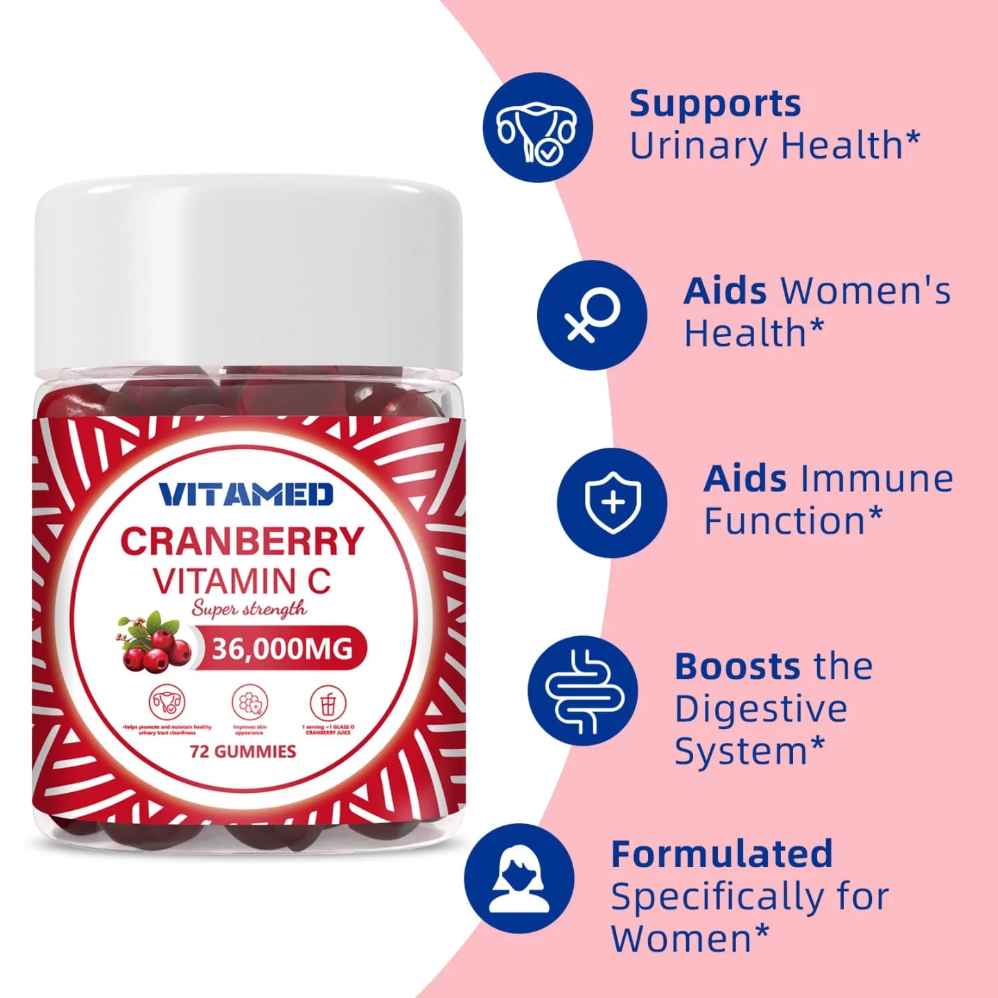 VITAMED Cranberry Vitamin C Gummies – Super Strength (36,000MG), 72 Gummies