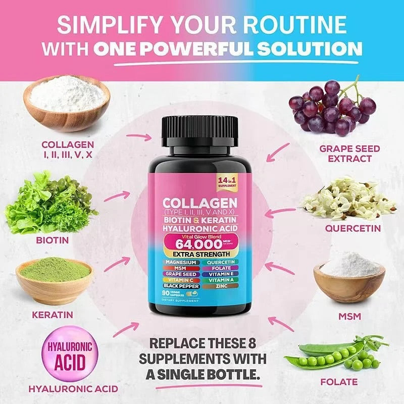 Collagen 14-in-1 Biotin, Keratin & Hyaluronic Acid Supplement, 90 Capsules
