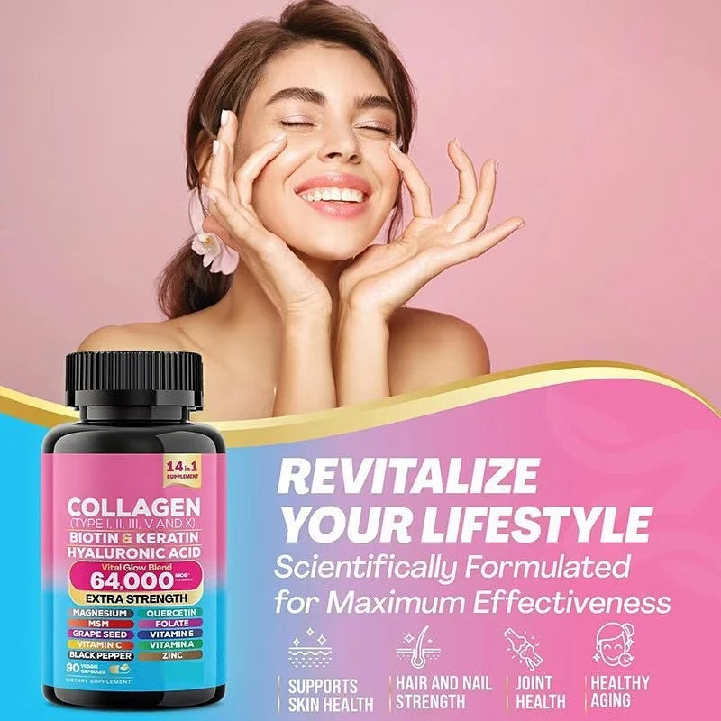 Collagen 14-in-1 Biotin, Keratin & Hyaluronic Acid Supplement, 90 Capsules