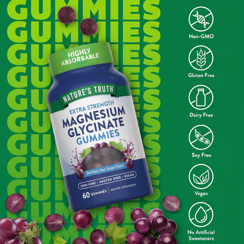 Nature's Truth Magnesium Glycinate Gummies (Delicious Sour Grape), 60 Gummies - Extra Strength