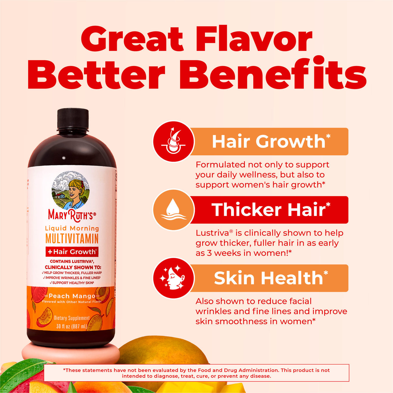MaryRuth's Liquid Morning Multivitamin + Hair Growth, Peach Mango - 887Ml