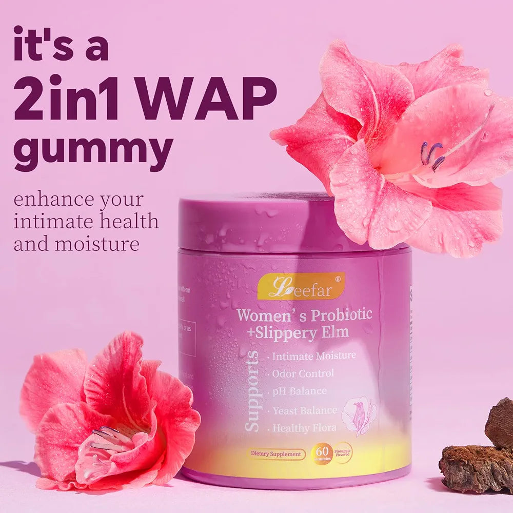 Leefar Women’s Probiotic + Slippery Elm Gummies, 60 Count – Pineapple Flavored