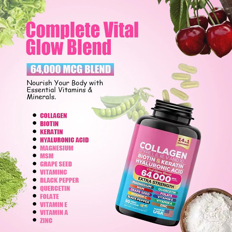 Collagen 14-in-1 Biotin, Keratin & Hyaluronic Acid Supplement, 90 Capsules