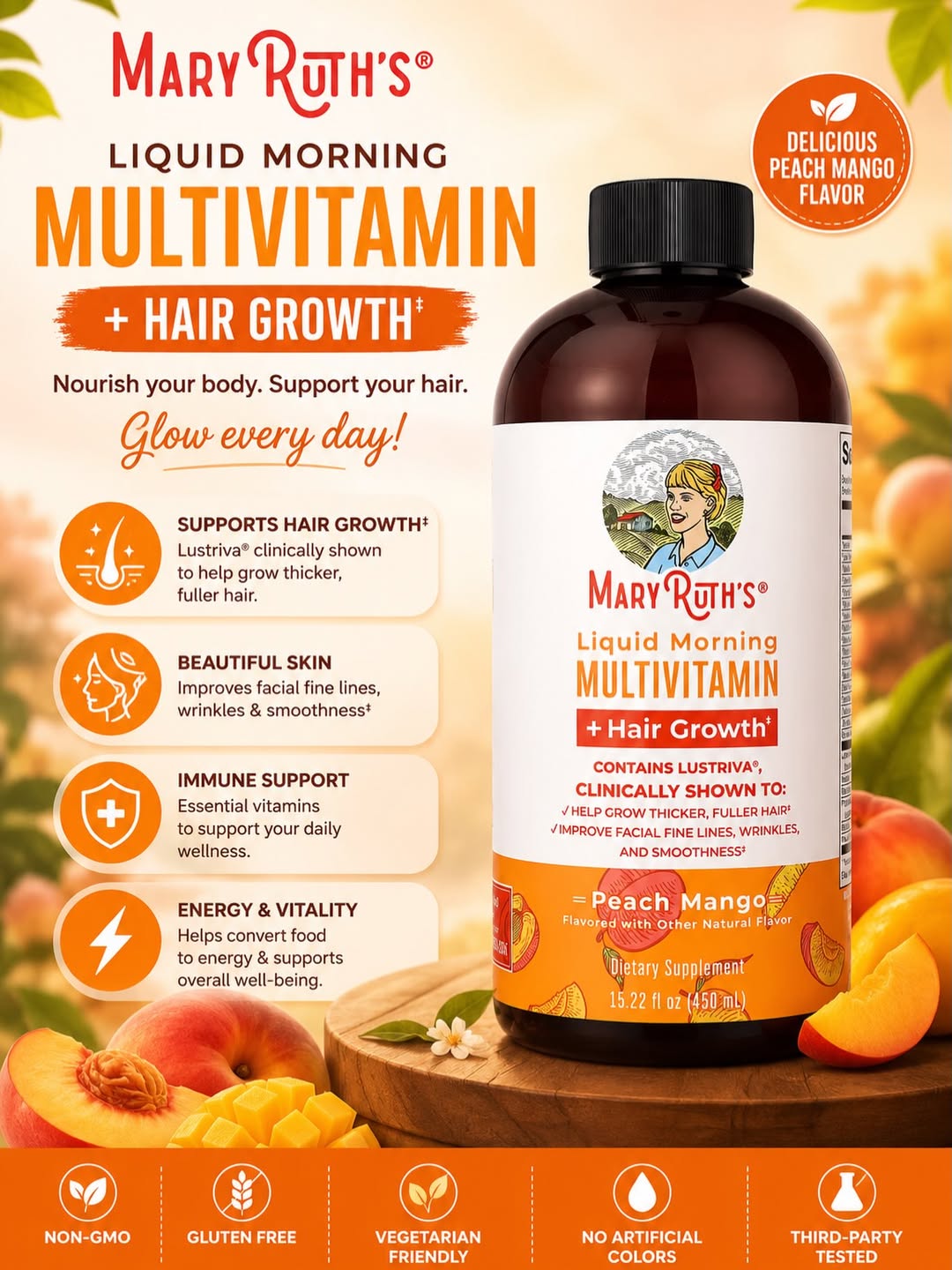 MaryRuth's Liquid Morning Multivitamin + Hair Growth, Peach Mango - 887Ml